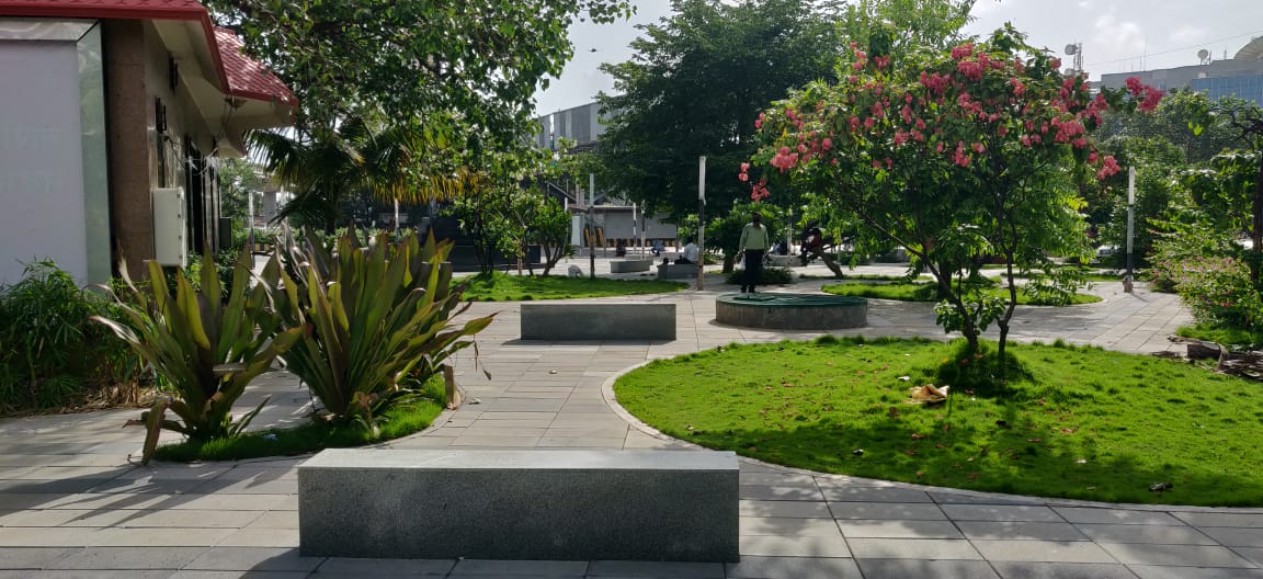 Beautiful garden landscape at BKC Park with lawn and plantation design